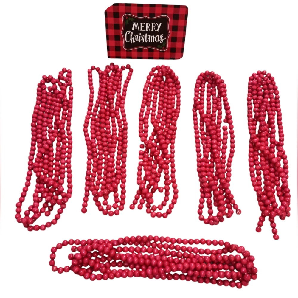 6 wooden beads garlands Cranberry Red Vintage 110 inches each